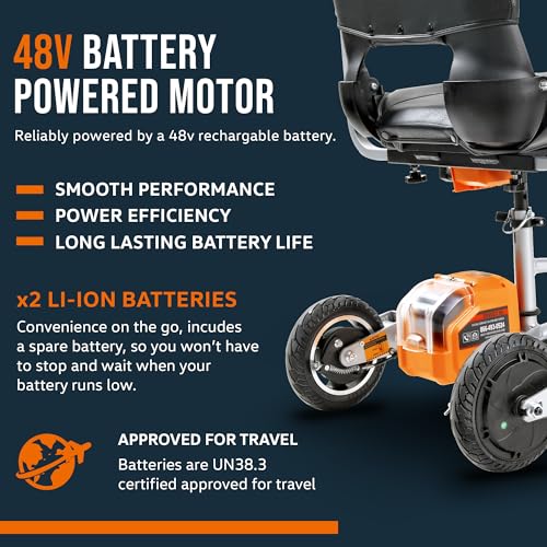 SuperHandy 3-Rad-Faltmobil-Scooter (verbessertes Design) - Elektrisch betrieben, Fluglinienfreundlich - Lange Reichweite mit 2 abnehmbaren 48V Lithium-Ionen-Batterien und Ladegerät.