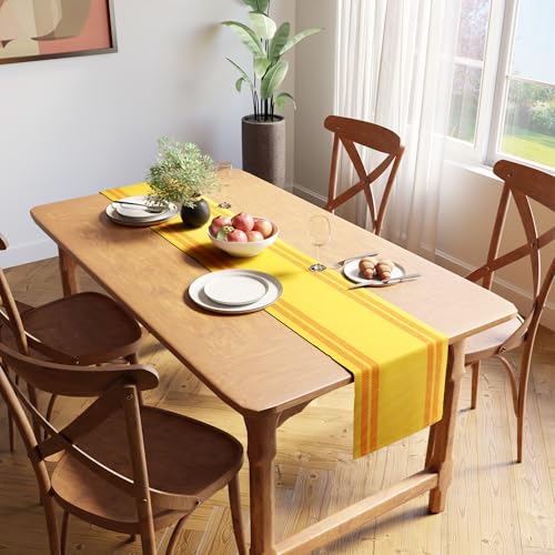Image of Encasa XO Dining Table Runner for 4 to 6 Seater| Yarn Dyed Fine Ribbed Cotton | Size 32x183 cm | Ladder Lemon | Machine Washable