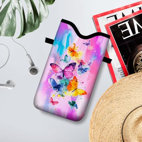 Image of Neoprene Cell Phone Sleeve Pouch Case Bag with Crossbody Strap Neck Lanyard for Women 7.1 X 3.9 in Tie Dye Butterfly