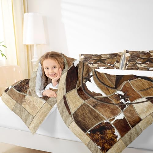 Image of Western Texas Star Bedding Set Twin Cowhide Comforter Set Rustic Farmhouse Comforter Vintage Decor Rural Country Farmhouse Duvet Set Twin Size Quilt 2Pcs Boys
