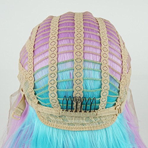 Miniatura 5 de meiyite pelo ondulado largo de 26inch rosa y morado claro y azul claro mezcla alta densidad realista sintético peluca de encaje frontal