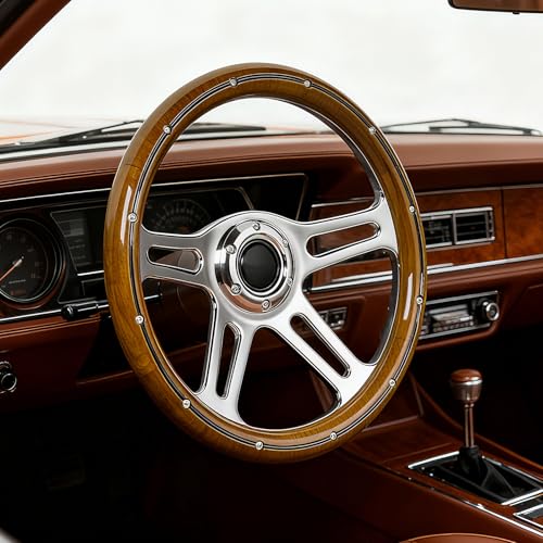 Fanower 14inch Solid Wood Steering Wheel 350mm Deep Dish 70mm, 4-Spoke Chrome-Plated Aluminum Alloy, Universal 6-Bolt Steering Wheel for Classic Cars, Hot Rods, Muscle Car Vintage Car