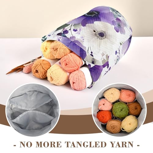 Image of Tatenale Crochet Bag Yarn Bag Knitting Project Bag with Pockets and Handle Portable Yarn Storage Organizer Tangle Free 8.3x11 InchBlue and White Silver Lotus Flowers and Berries20