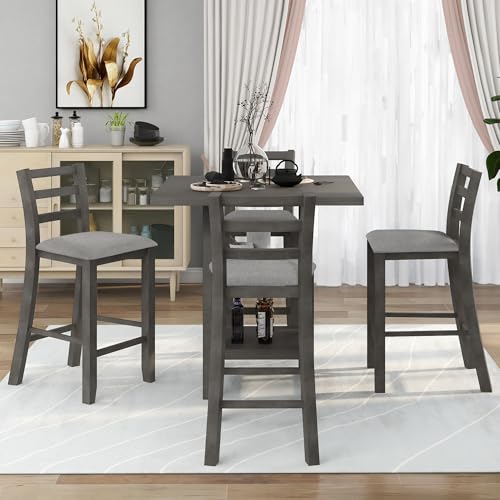 LUMISOL 5-Piece Counter Height Dining Table Set for 4, Square Kitchen Table with 2-Tier Storage Shelves and 4 Padded Chairs High Top Dining Set for Small Space, Farmhouse Dining Room Set (Gray)