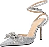 Minetom Stiletto High Heels Damen Pumps Spitz Strass Bowknot Party Sandalen Schnalle Schuhe Geschlossen Abendschuhe Sommerschuhe 37 EU A1 Silber