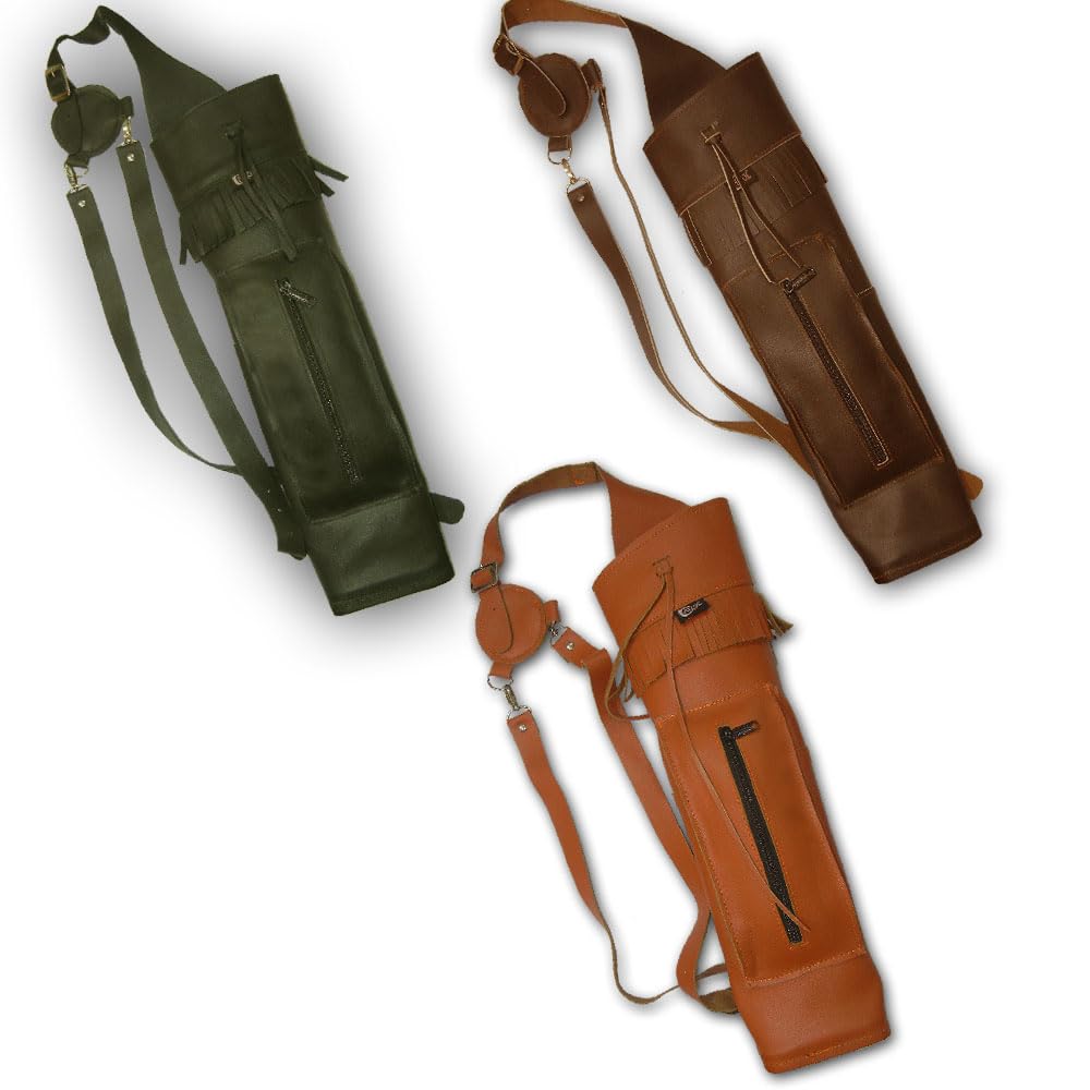 CarolUSA Hunting Archery, Indoor Outdoor Sports, Recurve/Compound/Longbow Traditional Full Grain Finished Tanned Leather Shoulder Back Arrow Holder, Quiver, Bag. (Brown)