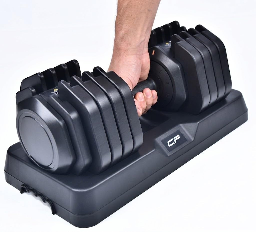 Clover Fitness Set di 2 manubri regolabili da 5 a 41 kg, per palestra a casa, regolazione rapida, design compatto con basi incluse