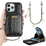 Hanman Leather Wallet Case with Wrist Strap for iPhone 15 Pro,RFID Blocking PU Leather Zipper Purse Case for iPhone 15 Pro,Crocodile Leather Wallet & Card Holder Case Black