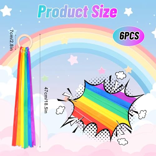 6Pcs Wooden Rainbow Hand Kites, Wooden Rings with Ribbon(Bright Colors) - Image 2