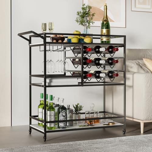 🥂【Carrello di servizio a 3 livelli】: Dimensioni: 80*40*92(L*P*A) con spazio capiente, ha abbastanza rack e supporto in metallo per vino e bicchiere. I piatti superiore e inferiore possono essere utilizzati per posizionare bottiglie di vino e cibo