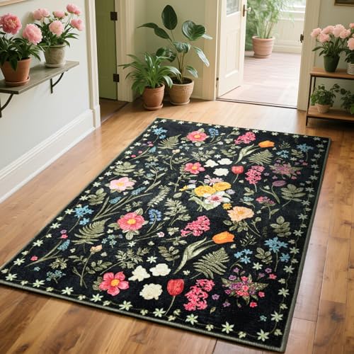 Tapete Asrug Floral Negro 91x152 cm Antideslizante