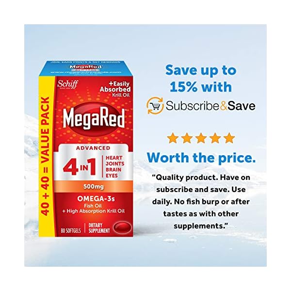 Megared-Advanced-4in1-Softgels-Omega-3-Fish-Oil-High-Absorption-Krill-Oil-Supplement-500mg-80-Count-In-A-Bottle-Concentrated-Omega-3-Fish-Krill-Oil-Supplement Megared Omega 3 Fish Oil & Antarctic Krill Oil Softgels for Brain, Heart, Joints & Eye Support, (80 Count Bottle), Concentrated Omega 3 Fatty Acid Supplement with EPA, DHA, Phospholipids