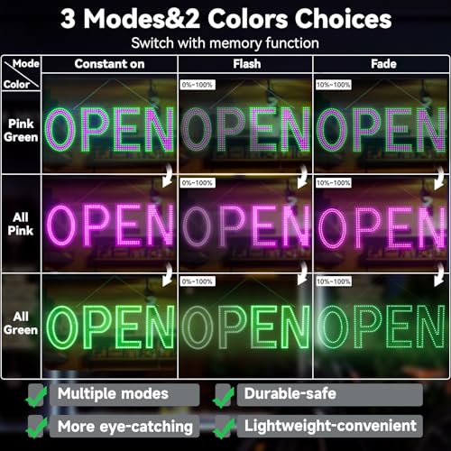 Image of Large LED Open Signs for Business Super Bright - 30x10 in Dimmable Plug-in Electric Neon Sign with Hanging Chain, Flashing Light Signs for Big Window Bar Cafe Salon Barber Shop Pink /Green