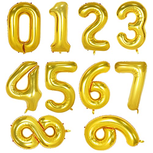 Lot de 10 ballons en aluminium mylar - Chiffres 0 à 9 - Auto-gonflant - Ballons numériques 0-9 - 40,6 cm - Pour décoration de fête d'anniversaire (doré)
