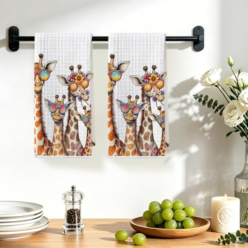 Image of Hanamiya Na 2 Pcs Funny Giraffe Kitchen Towels 24x14 Inch, Giraffes Reusable Dish Towels for Kitchen Bathroom Decor, Waffle Weave Hand Cloth Tea Towel, Giraffe Gifts for Women Friend Boys Girls
