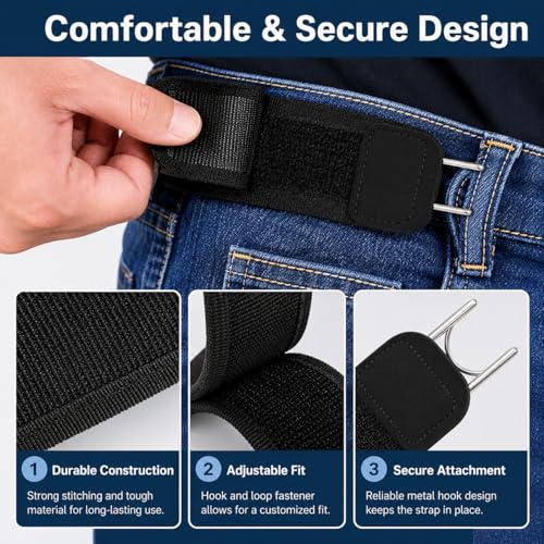Image of FEORA Buckle Less Belt for Men, No Buckle Belt Free Size Adjustable Elastic Belt Strap for Men Jeans Women Dresses Buckleless Belt Hook Tactical Metal (BLACK)