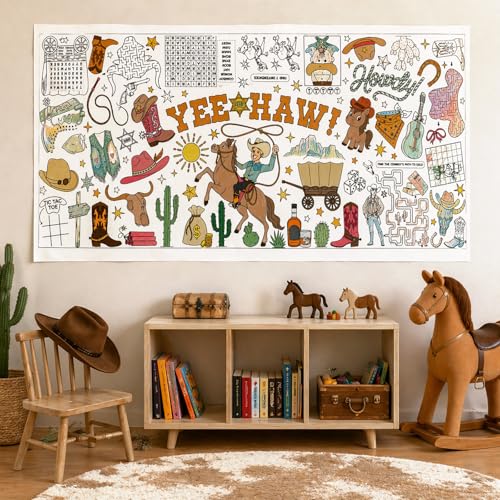 Image of Western Giant Coloring Poster for Kids 30x72 Inch, First Rodeo Large Coloring Poster Tablecloth, Cowboy Cowgirl Themed Color-in Activities Games for Kids School Classroom Home Birthday Party Decors