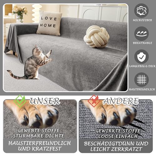 MYSKY HOME Sofa Überzug Kratzschutz Sofa Katze - Sofabezug 2 Sitzer, Sofaüberwurf Waschbar, Couch Überzug L Form, Überwurfdecken für Sofa Schutzdecke, Sofaschoner 180 x 300cm, Grau