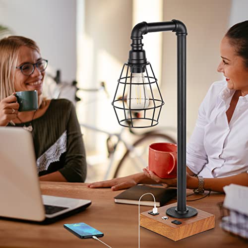 Ybing Industrial Desk Lamp, Bulb Included, 3 Way Dimmable Table Lamp With Dual Usb Ports & Ac Outlet, Edison Touch Control Bedside Lamps For Bed Room, Study Room, Living Room, Office #TOP5