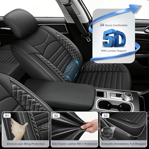 Image of Custom for Ford Fusion Seat Covers SE /Titanium /S /SEL /Sport /Platinum 2013 2014 2015 2016 2017 2018 2019 2020 Car Seat Covers Full Set Faux Leather Car Seat Cushion Protector (Black, 5 Seats)