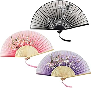 3 PCS Silk Folding Fans, Chinese Style Hand Fan Folding Fan Fabric Fan Silk Fan Hand Fan Ribs Dancing Fan Cosplay Fan with Tassel Handle Bamboo Fans Chinese Fans Handheld for Women Men