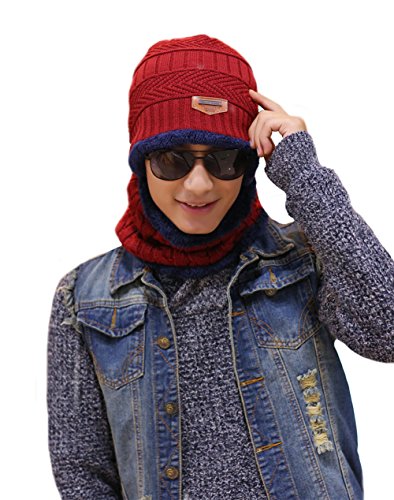 Genda 2Archer Sombrero de Hombre Establece Gorra de Lana de Invierno de Lana de Invierno Slouchy con Cuello Calentador (Rojo) Cover
