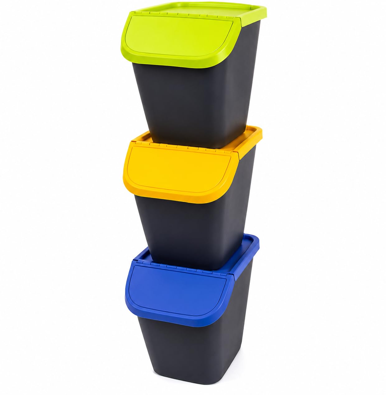 ZARVICZONIA Stackable Recycling Bins Set of 3, 23L Waste Separation System with Colour Coded Lids, Kitchen Recycling Bin for Plastic, Paper & General Waste, Home Office & Utility Room