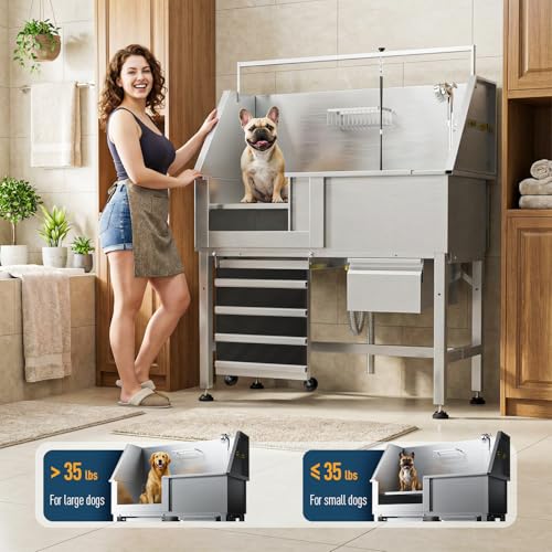 Image of 46 inch Heavy Duty Dog Washing Station - 304 Stainless Steel Pet Bathing Tub with Left Side Ramp, Elevated Grooming Sink with Storage Drawer & Removable Floor Grate, Outdoor Ready for Large & Medium Dogs | 304 Stainless Steel