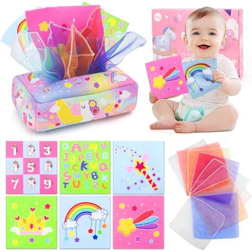 usrela Brinquedos para bebés de 6 a 12 meses - caixa de lenços de brinquedo, Montessori para bebé 12-18 meses, brinquedo de unicórnio com som, presentes de brinquedo para bebés 3-6 - 12 meses