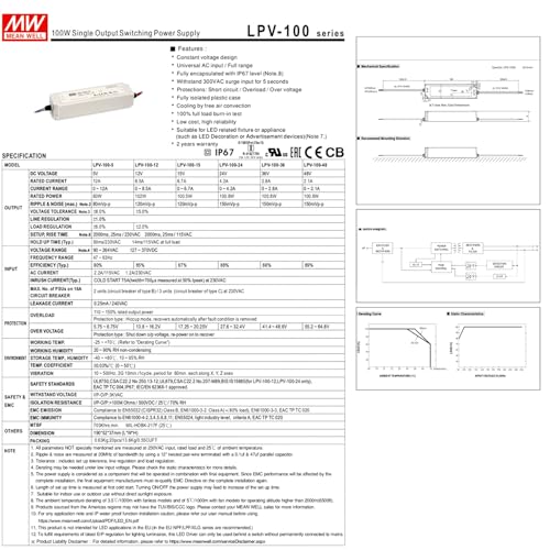 Image of LPV-100-24 24V 4.2A 100.8W AC-DC LED Driver Industrial Power Supply | IP67 Waterproof | Fanless Cooling | Outdoor Lighting