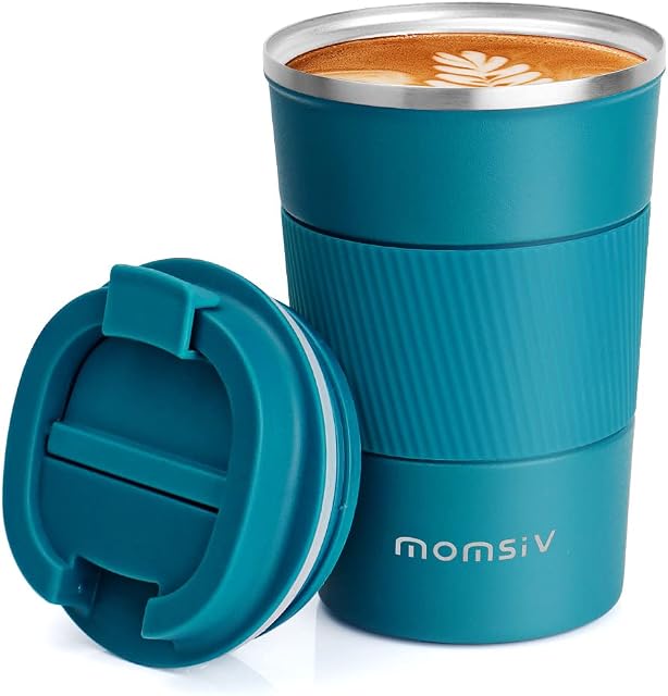 MOMSIV Coffee Cup, Insulated Coffee Cup with Leakproof Lid, Non-Slip Vacuum Reusable Stainless Steel Eco-Friendly Travel Office Mug for Hot and Cold Water Coffee and Tea, 380ml/13oz(Blue)