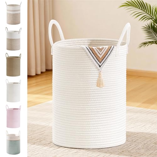 Image of 58L Tall Cotton Rope Laundry Basket with Handles, White