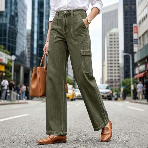 Pantalones vaqueros elásticos de cintura alta con bolsillos y corte recto 3