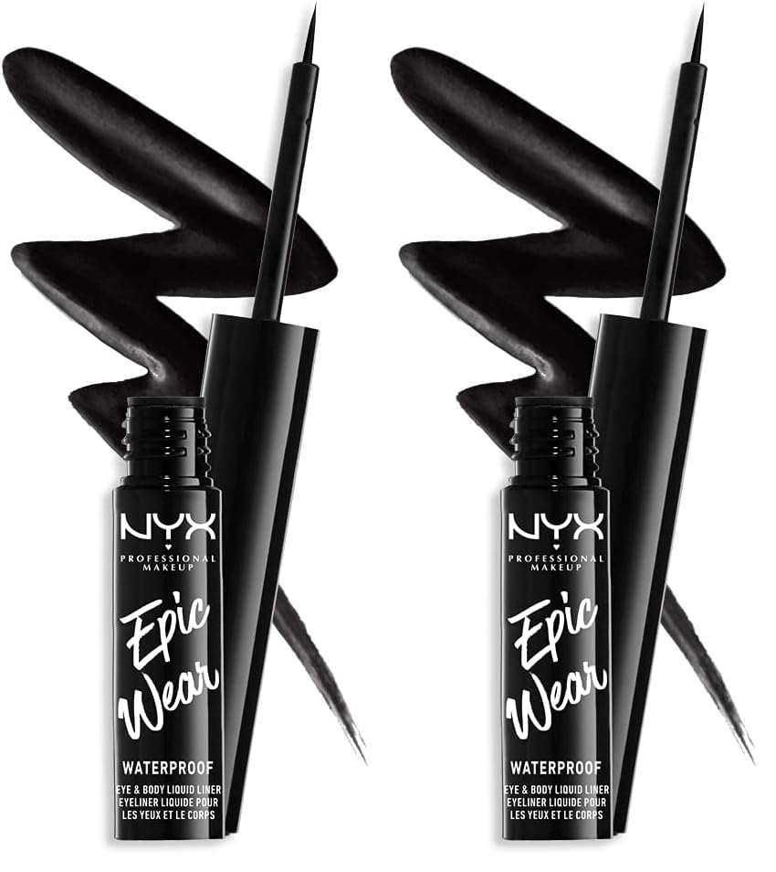 NYX Professional Makeup Epic Wear Semi-Permanent Liquid Liner, Langlebig, Wasserfest, Eyeliner und Body Art für Gesicht und Körper, Mattes Finish, Farbe: Schwarz (Packung mit 2)