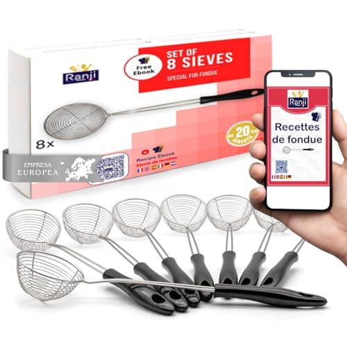 Ranji® - Juego de 8 Mini Coladores o Espumaderas para Fondue - Utensilios de Cocina de Acero Inoxidable - Ideal para Fondue China, Chocolate, Savoyarde y Festividades