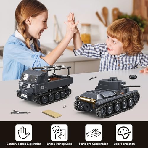 4 IN 1 WW2 Army Tanks Toy Building Block Set(1089 Pcs),Compatible with Lego,Create German 38T-A Light Tank&3 German Style Small Military Vehicles Models Great Military Toy Gift for Boy Age 6+ Year Old by WEMEWEME - Image 5