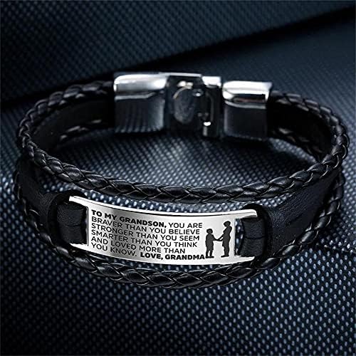 HAYOUWAY to My Grandson Leather Bracelets Birthday Graduation Inspirational Always Remember Gift from Grandma Grandpa for Men Teens