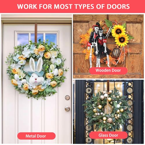Image of 12 inch Wreath Hanger Over the Door Hooks, Non Scratch Wreath Door Hanger Hooks for Hanging Welcome Sign, Metal Wreath Hangers for Front Door Decor, Thin Door Hanger for Easter Halloween Home Decoration