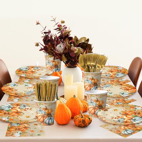 Image of Fall Paper Plates and Napkins Sets,144pcs Watercolor Retro Pumpkin Thanksgiving Party Plates and Cups and Napkins Sets for Autumn Themed Thanksgiving Party Supplies,Serves 24