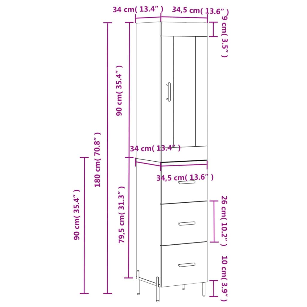 Armadietto alto, bianco, 34,5 x 34 x 180 cm, in legno con piedini in metallo, porta portaoggetti, adatto come armadio da soggiorno o cucina, credenza resistente, comò con cassetti, mobili da