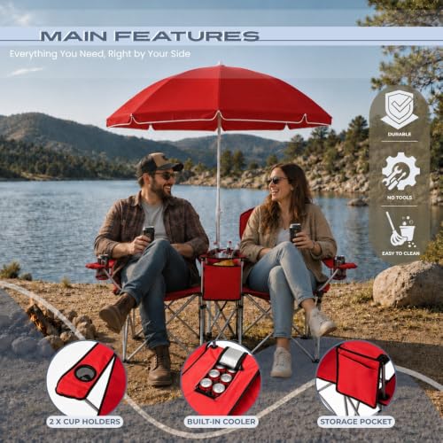 Sillas dobles CozyBox para campamento, plegables, portátiles, con paraguas, bolsa térmica y portavasos, para camping y pesca, color rojo miniatura 6
