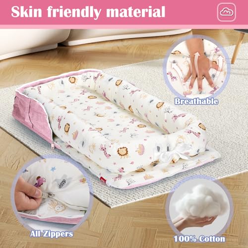 Image of Baby Lounger for Tummy Time Portable,Baby Play mat with Strap,Newborn Lounger Inner Zipper for Boys Girls 0-24 Months,Animal World Pink