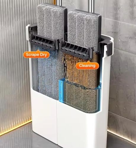 Image of Flat Mop with Bucket | 5 Microfiber Refills | Hands-Free Floor Cleaning System | Wet & Dry Mop with 360 Rotation | Space-Saving Design | Household Cleaning Mop Set