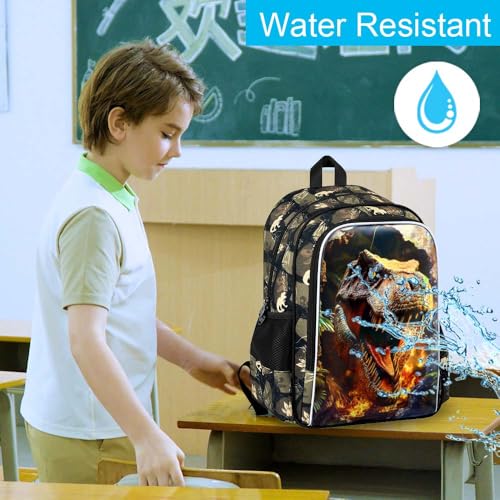 Image of HPJGD 3PCS Dinosaur Kids Bookbag, Water Resistant Boys School Bag Set with Lunch Box, Cool Backpack for Elementary Preschool Toddler - Wall-Breaking T-Rex