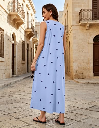 Image of Women Flowy Maxi Dress Ruched Sleeveless Long Dress Vacation Fashion Summer Casual Loose Fit Sundress with Pockets