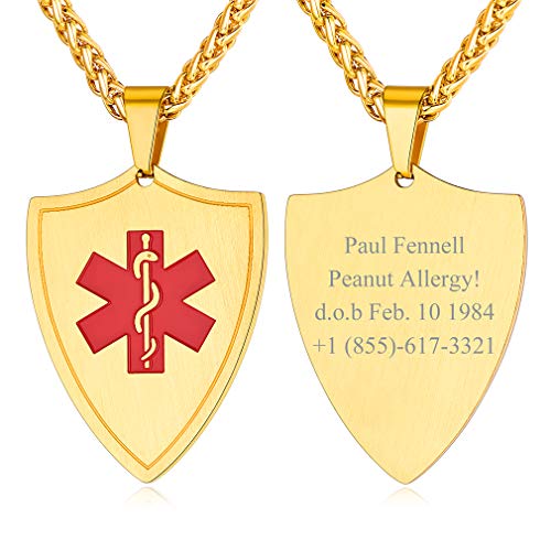 Custom4U Medical Alert Necklace for Women Men Personalized Stainless steel Medical ID Tag Tag with Name Engraved 7.2 Gold
