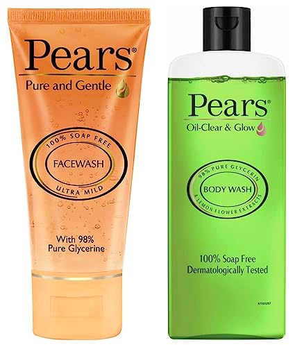 Image of PEARS Pure and Gentle Daily Cleansing Facewash, Mild Cleanser With Glycerine, Balances PH, 100% Soap Free, 150 g & Pears Oil Clear & Glow Shower Gel 250 Ml