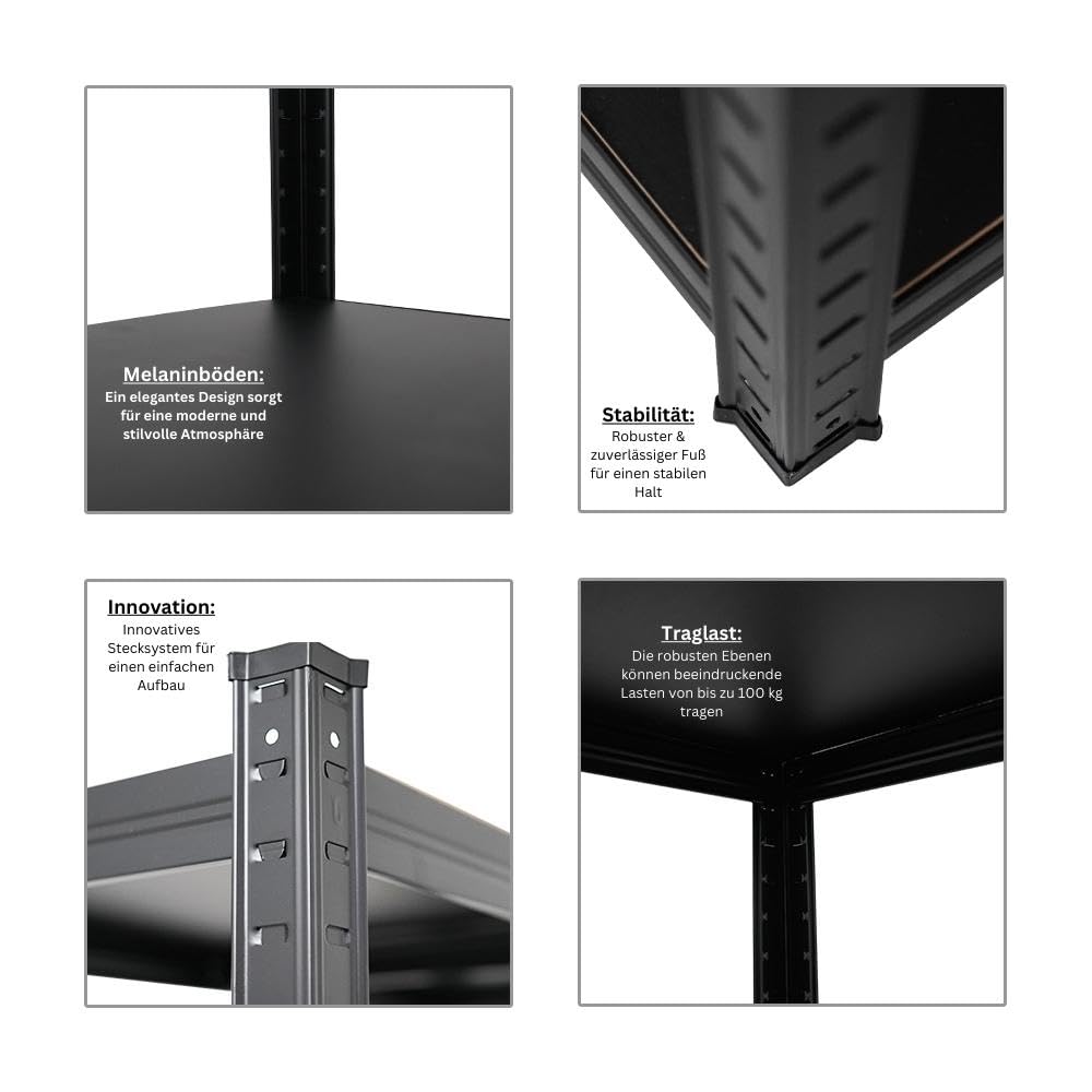 PROREGAL All Black Series Schwerlastregal Ragnar für Gesamtlast 500kg Maße: 180x90x40cm Matt Schwarz, Kellerregal, Steckregal, Garagenregal