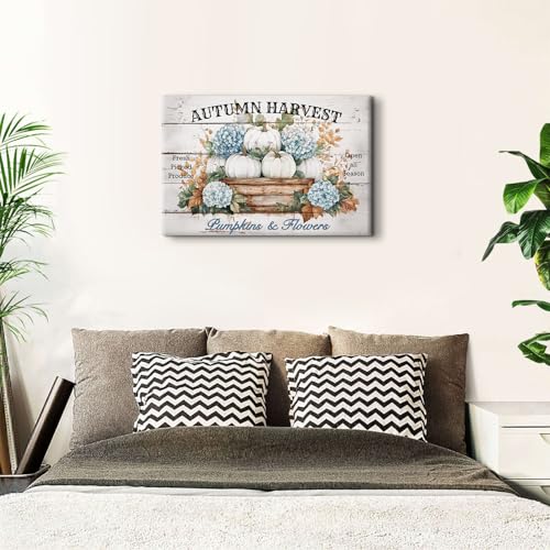 Image of Pumpkin Flower Wall Art Autumn Wall Decor Farmhouse Rustic Blue White Pumpkins Picture Prints Canvas for Bedroom Living Room 24x36 inch, Large Botanical Floral Painting Poster Artwork Home Decorations