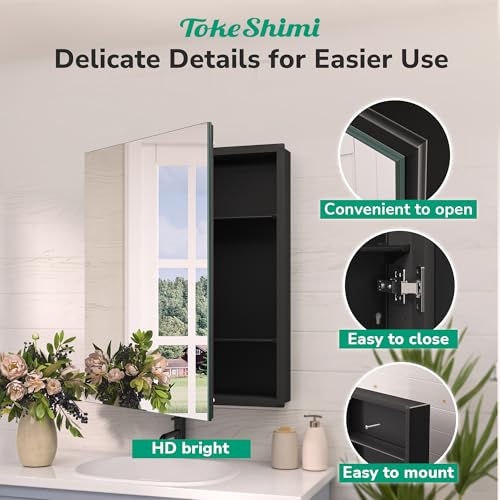 TokeShimi 20x26.1 Recessed Medicine Cabinet Mirror with Storage Tempered, Aluminum Surface Mount Medicine Cabinet Mirror Black with Stepless Adjustable Shelves for Bathroom Farmhouse Modern